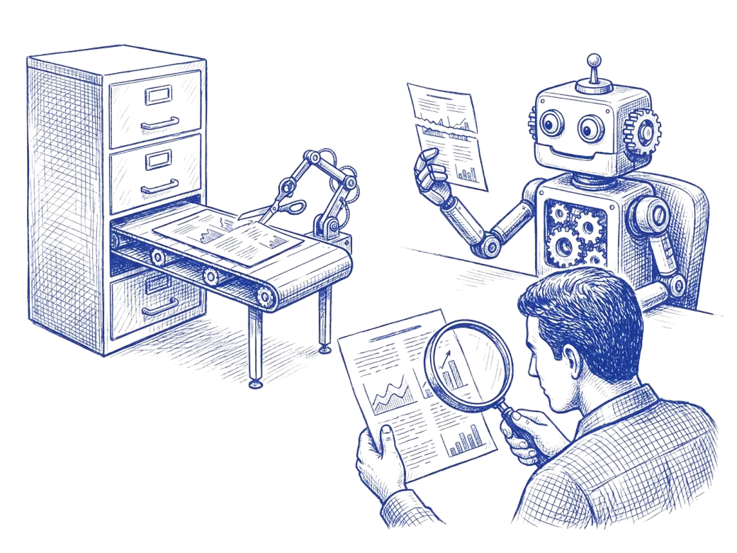 Blue biro drawing of a page being snipped short before it reaches a robot reader