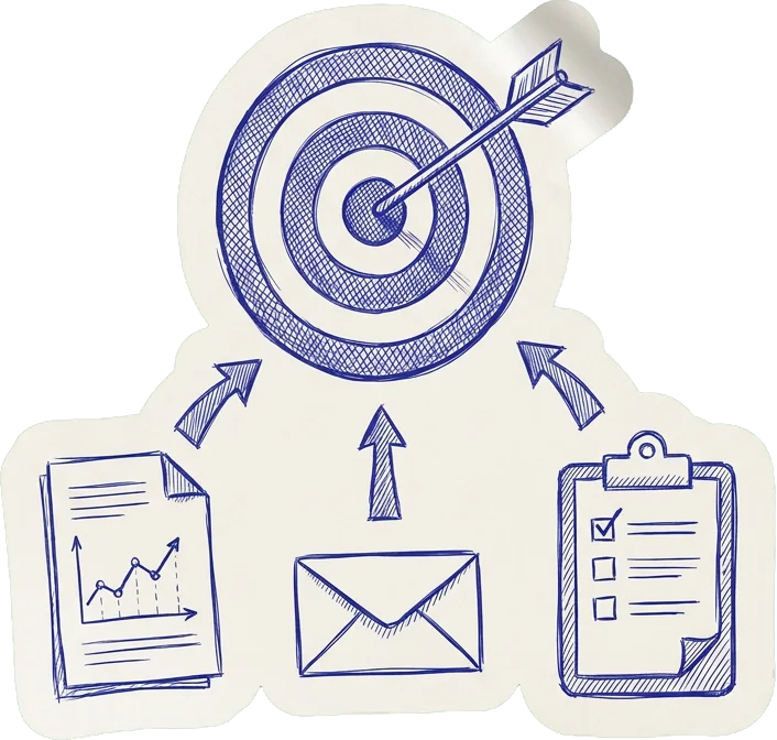 Blue biro sticker of a report, an enquiry and a handover note, each with an arrow pointing up to a target